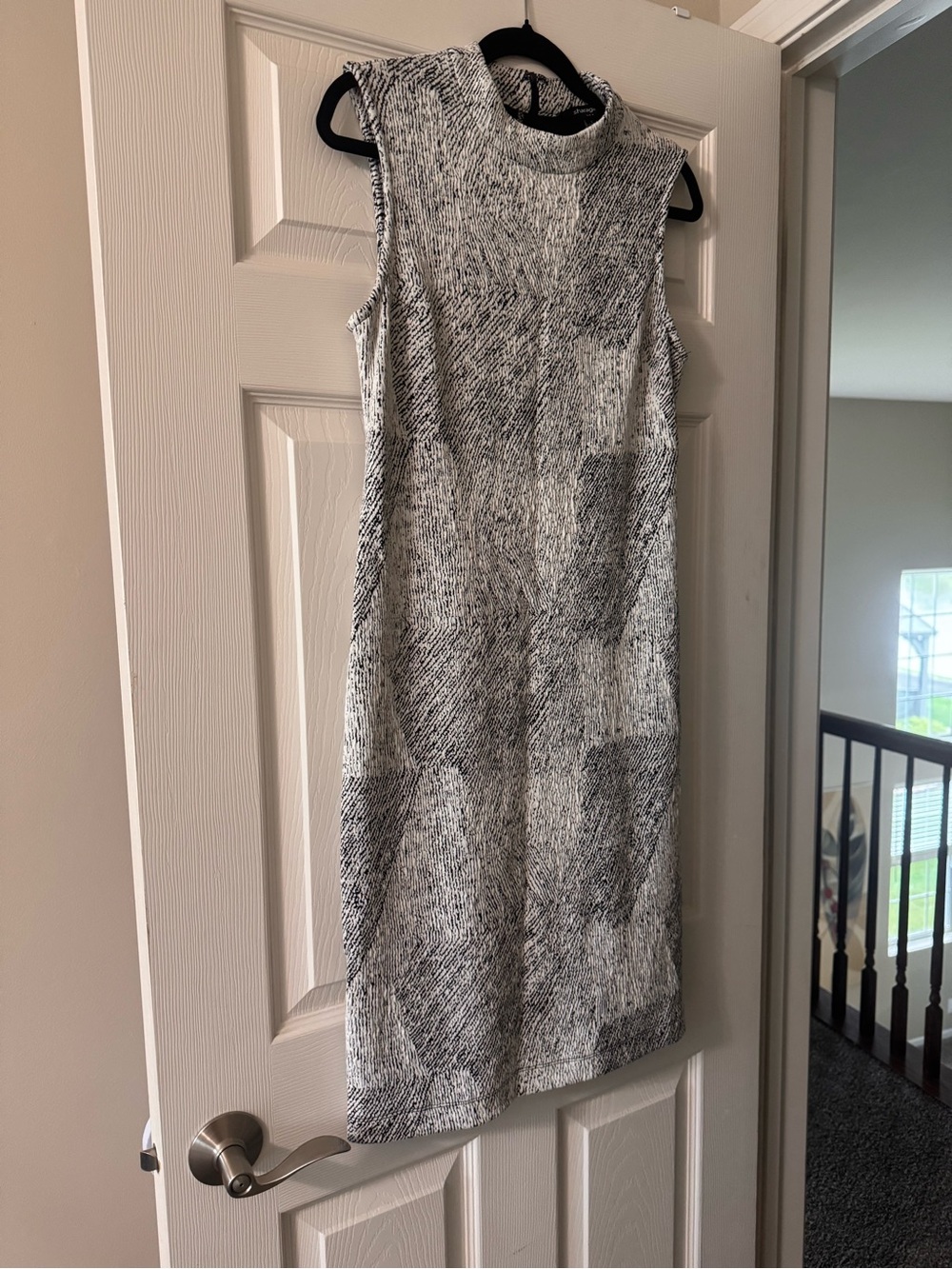 Sharagano Black & White Patterned Sleeveless Midi Dress with Mock Neck